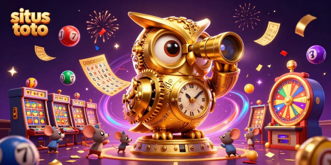 Experience the excitement of situs toto with a vibrant illustration showcasing a golden owl and lively casino elements.