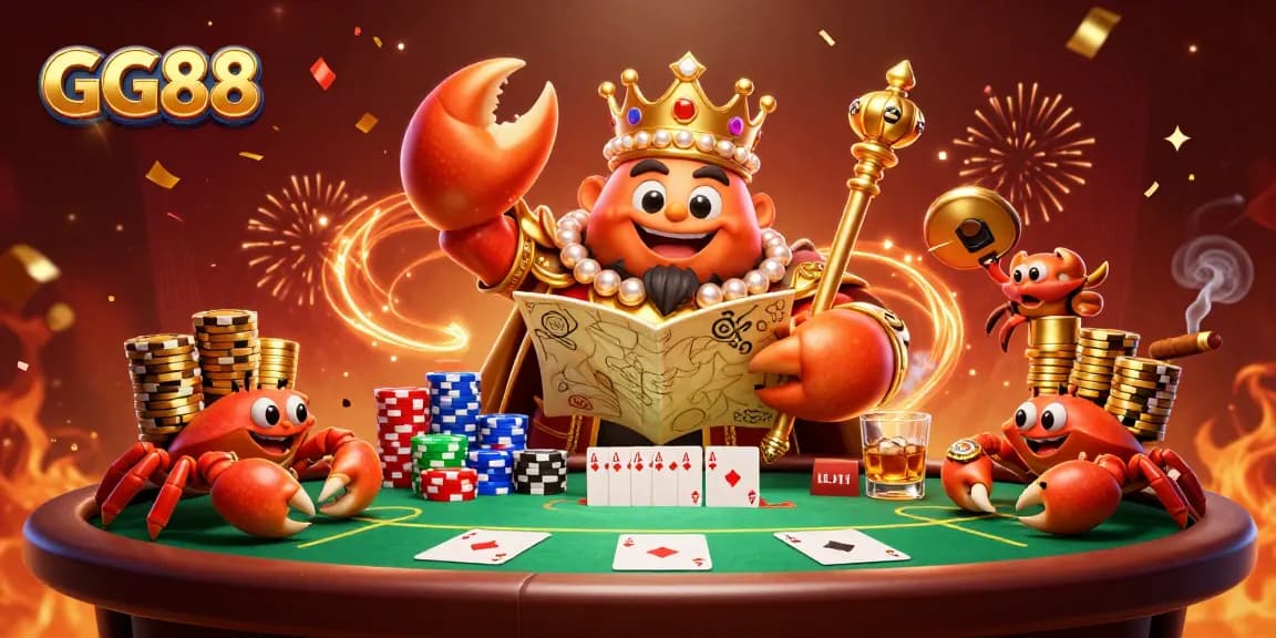 Experience thrilling gameplay with GG88’s vibrant 3D crab-themed casino adventure illustration.