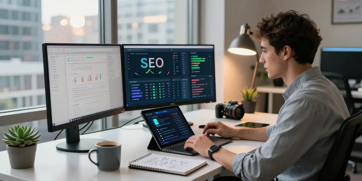 Analyst using AI SEO tools in a modern tech workspace with analytics dashboards.