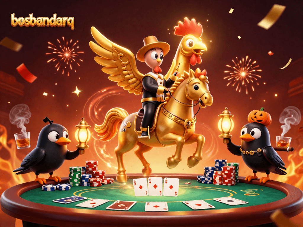 Play exciting card games at bosbandarq, featuring vibrant casino characters amidst colorful poker excitement.