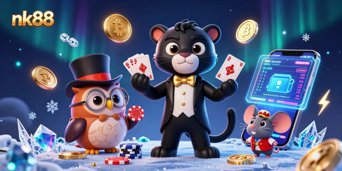 Experience thrilling gameplay at nk88 with a stylish panther dealing cards and exciting casino elements.