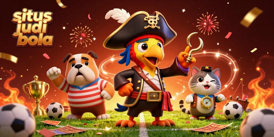Experience thrilling situs judi bola action with pirate captain, bulldog, and cat in a football betting scene.