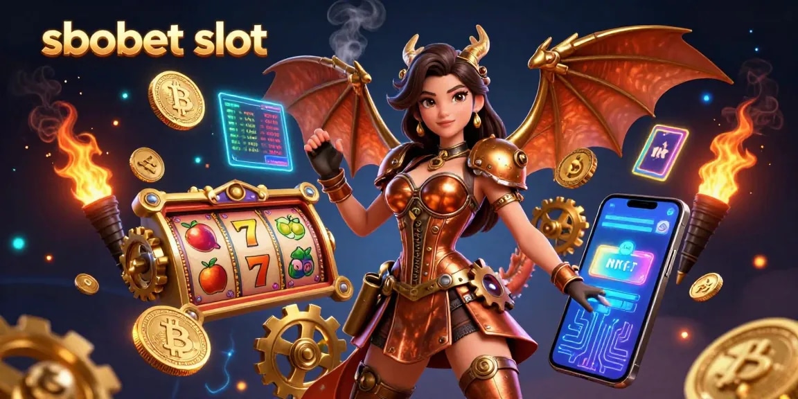 Bet and spin on sbobet slot with immersive 3D illustration featuring steampunk themes and crypto elements.