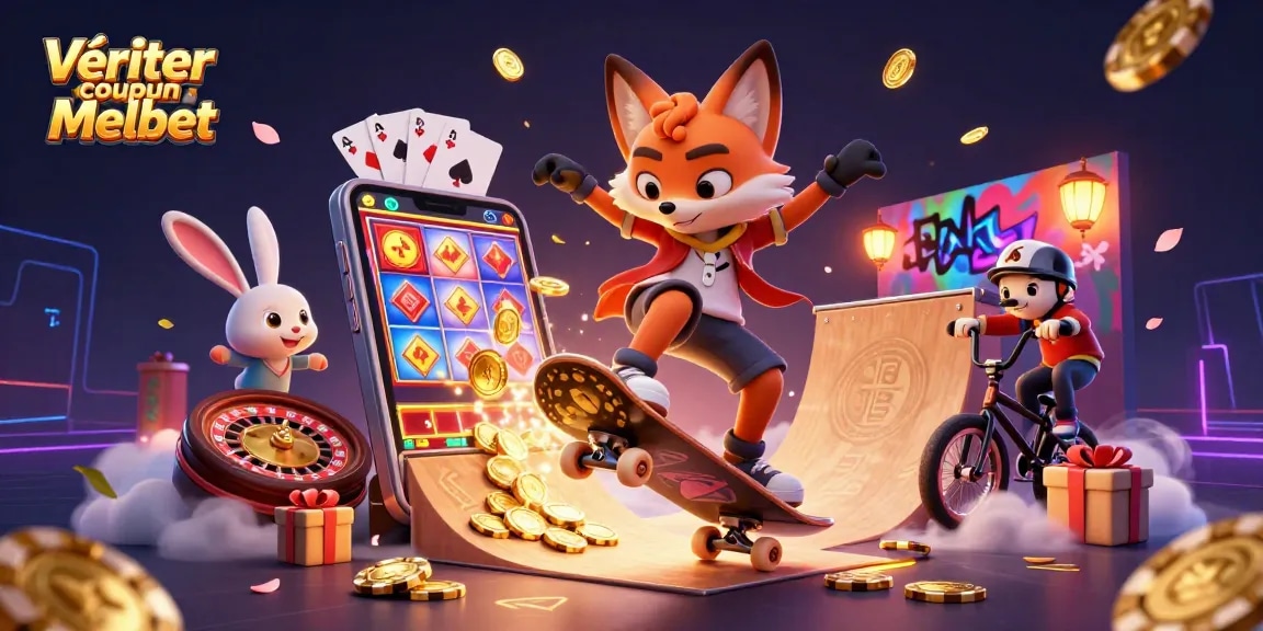 Vérifier coupon Melbet efficacement avec des personnages colorés de jeux d'argent et des éléments de casino
