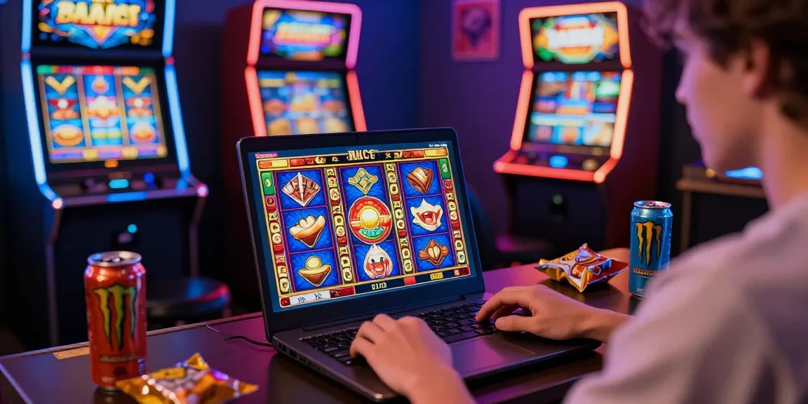 Engaging online scene of playing bandar slot on a laptop amidst neon gaming decor and thrilling visuals.