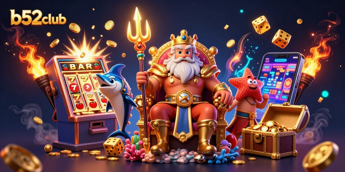 B52club players enjoy fast payouts and exciting jackpots in a vibrant casino-themed scene.
