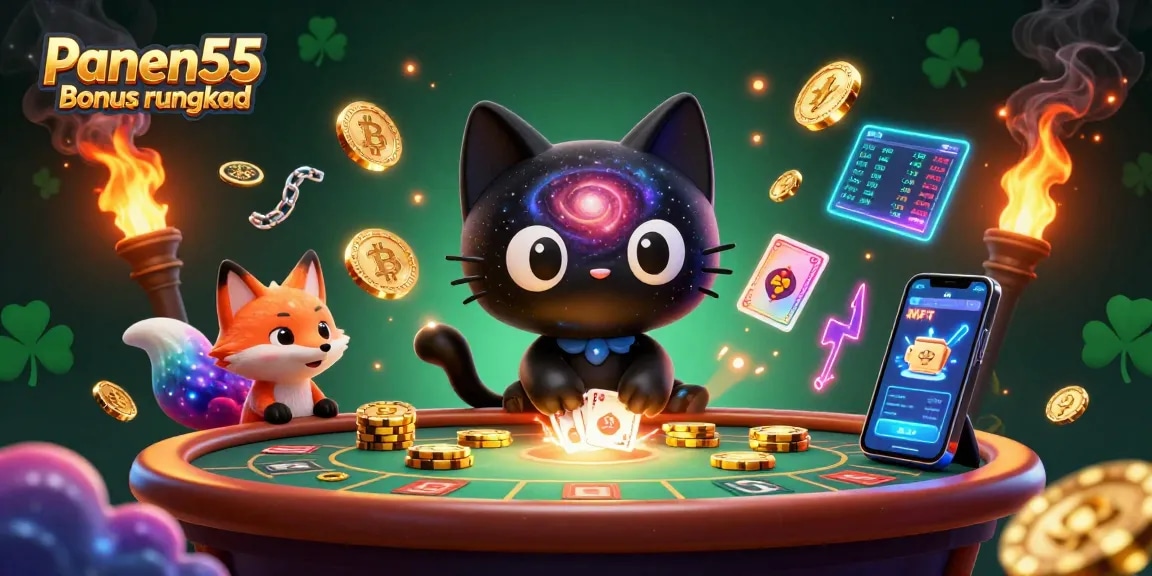 Engage with Panen55 Bonus rungkad in a vibrant cosmic casino scene featuring a galactic cat and fox.