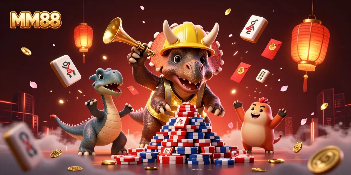 MM88 triceratops builds a poker chip pyramid in a vibrant casino celebration scene.