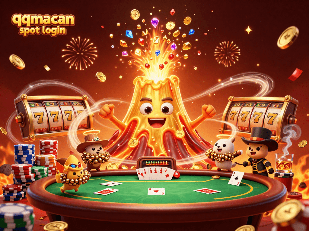 Engage with qqmacan slot login through an exciting 3D illustration of a golden volcano and treasure-hunting animals.