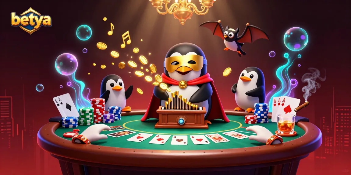 Experience exciting moments with betya as the phantom opera penguin plays a golden organ amidst dynamic casino elements.