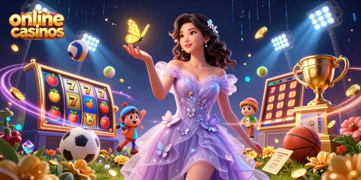 Experience online casinos through a magical illustration featuring thrilling slot games, sports betting, and vibrant scenes.