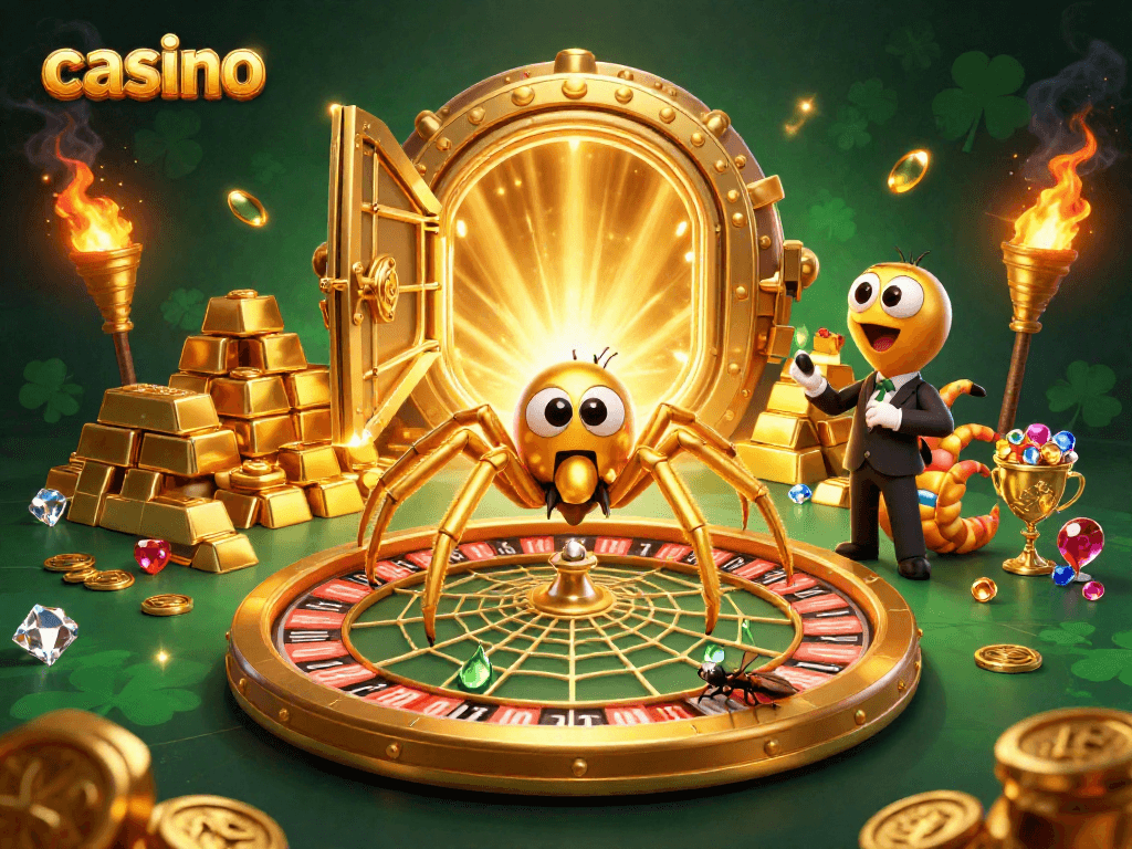 Experience the excitement of a casino with a golden web and colorful characters in a vibrant scene.