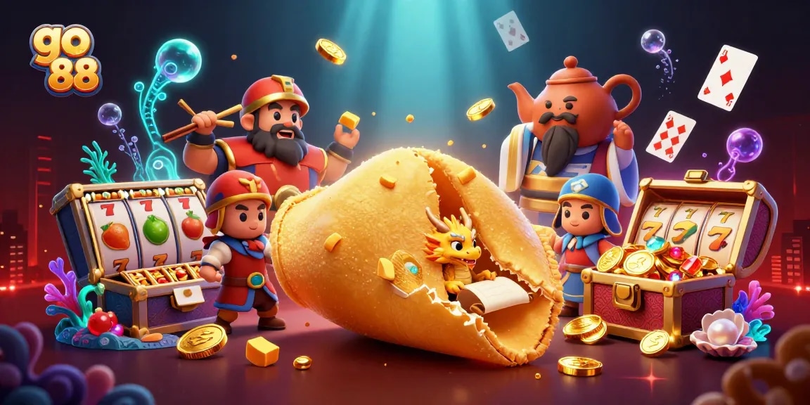Engage with go 88's exciting gaming scene featuring dynamic characters, slot reels, and vibrant treasures.
