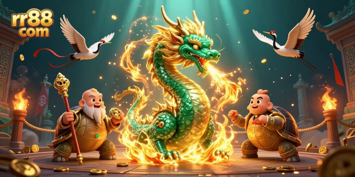 Engage with thrilling games at rr88 com, featuring a dragon and sage in a dynamic casino scene.