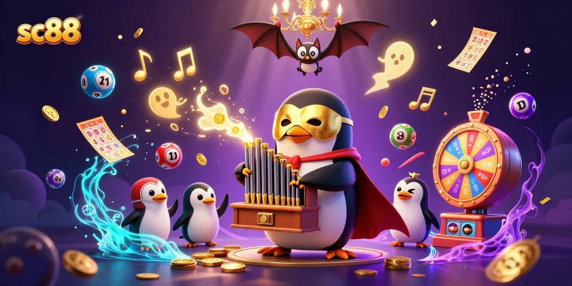Experience gaming with sc88 as the phantom opera penguin captivates while golden coins fly