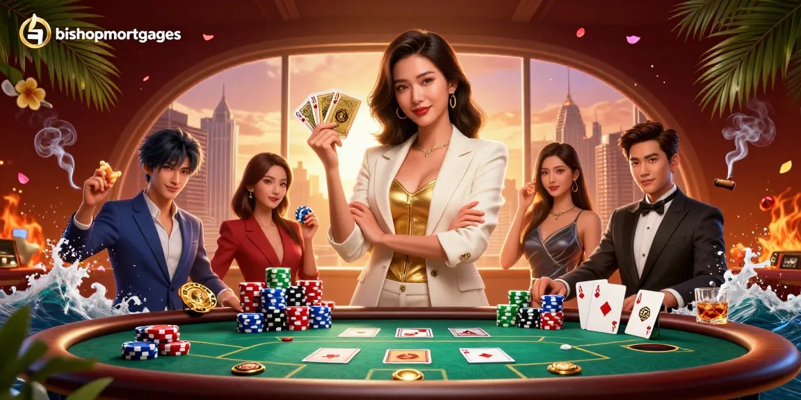 Engage in exciting gaming at bishopmortgages with a glamorous dealer showcasing poker cards.