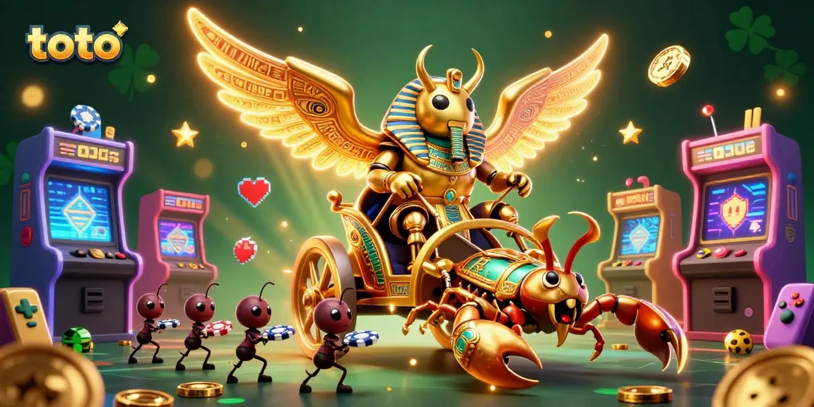 Spin the reels with toto's golden scarab and poker chip soldiers in a vibrant casino scene.