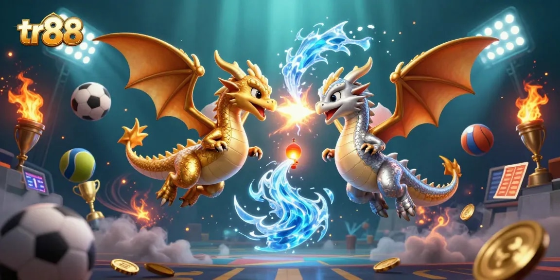 Engage in thrilling tr88 gaming action with fiery and icy dragons in an exciting casino scene.