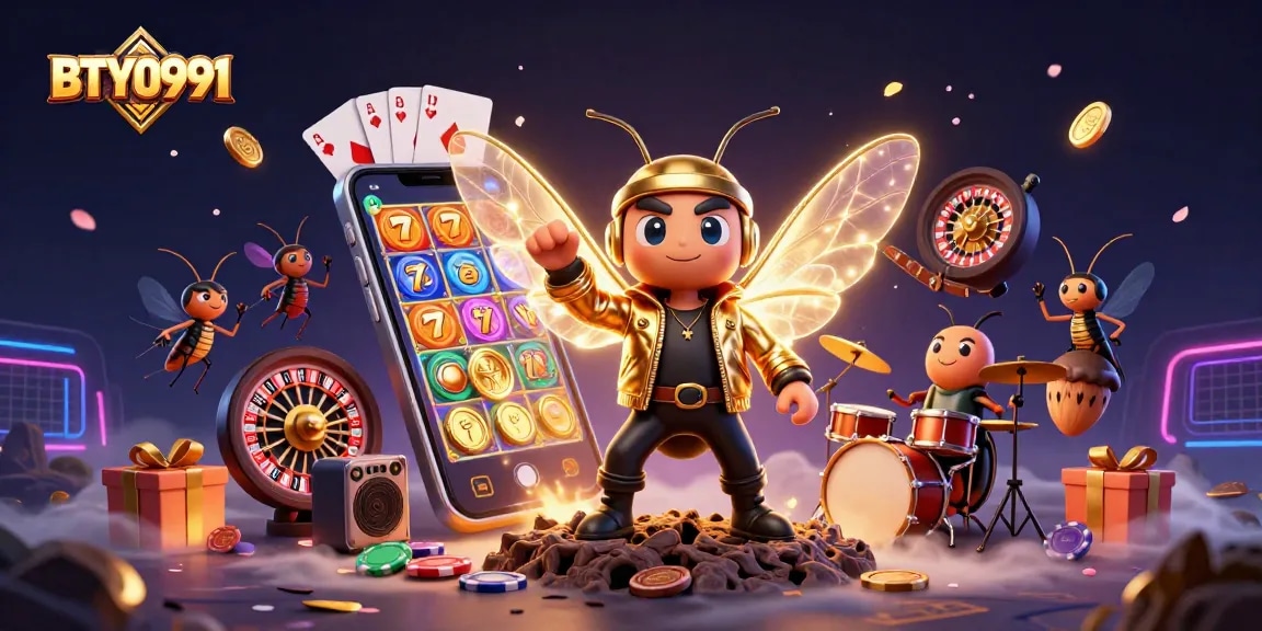 Buzz into excitement with BTY0991's vibrant casino illustration showcasing engaging slot games.