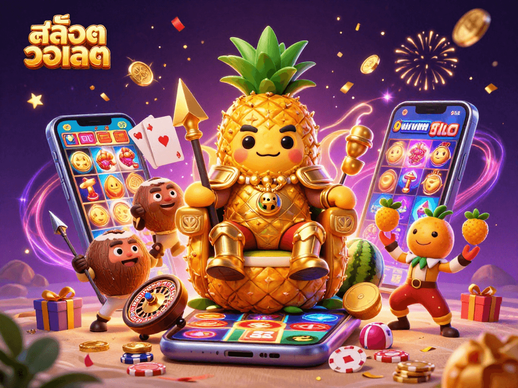 Engage in สล็อตวอเลท action with a vibrant 3D illustration showcasing a golden pineapple king and dynamic casino elements.