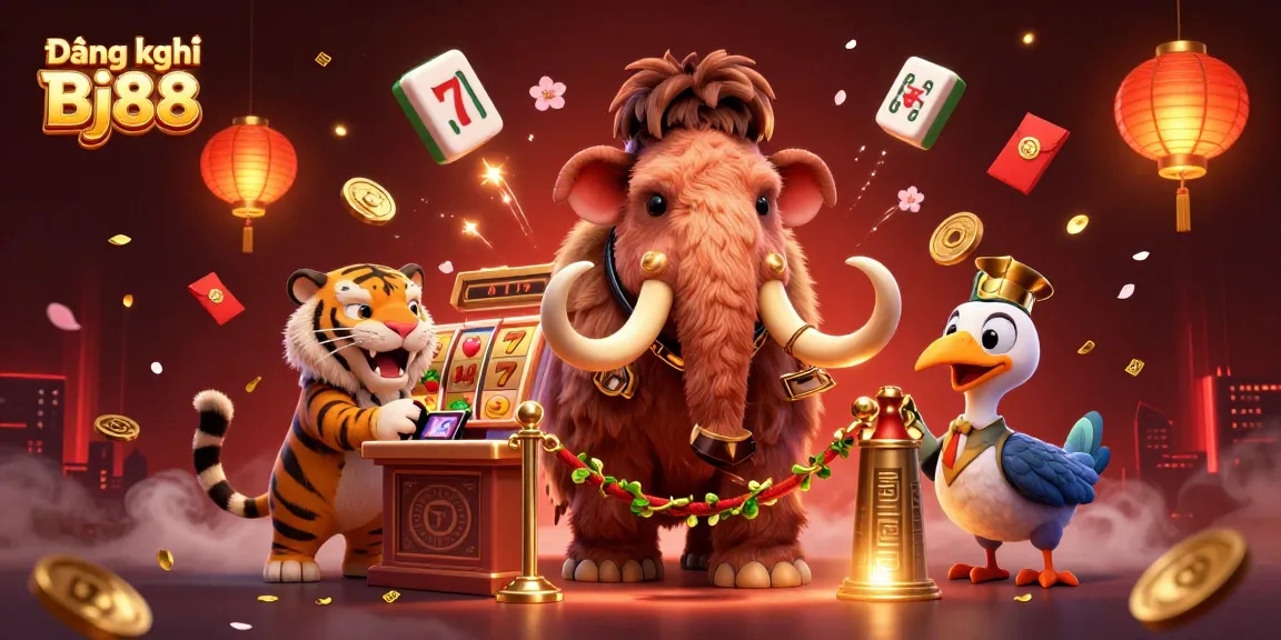 Engage in Đăng ký Bj88 for premium gaming, featuring colorful casino bouncers and vibrant slot elements.