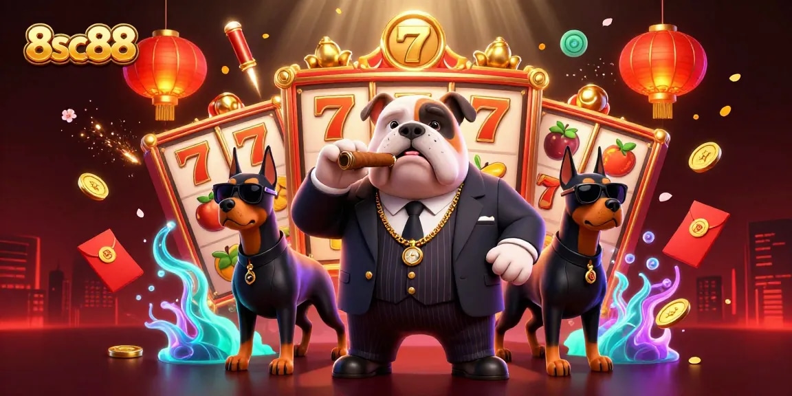 Experience thrilling entertainment at 8sc88 with dynamic characters and festive gambling elements around them.