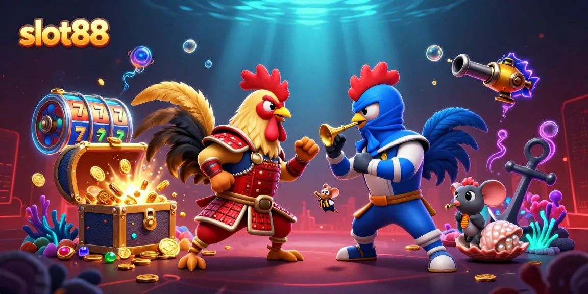 slot88 menghadirkan ilustrasi menarik dengan ayam petarung yang siap bertarung dan elemen slot yang menggoda