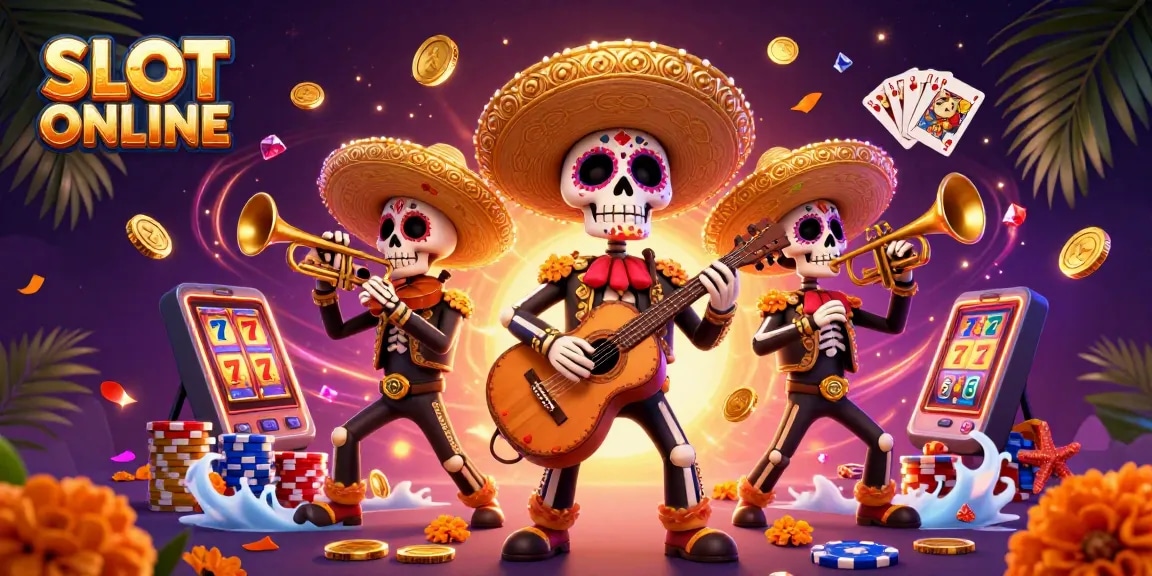 SLOT ONLINE: Mainkan slot dengan gembira dalam ilustrasi kasino bertema Dia de los Muertos.