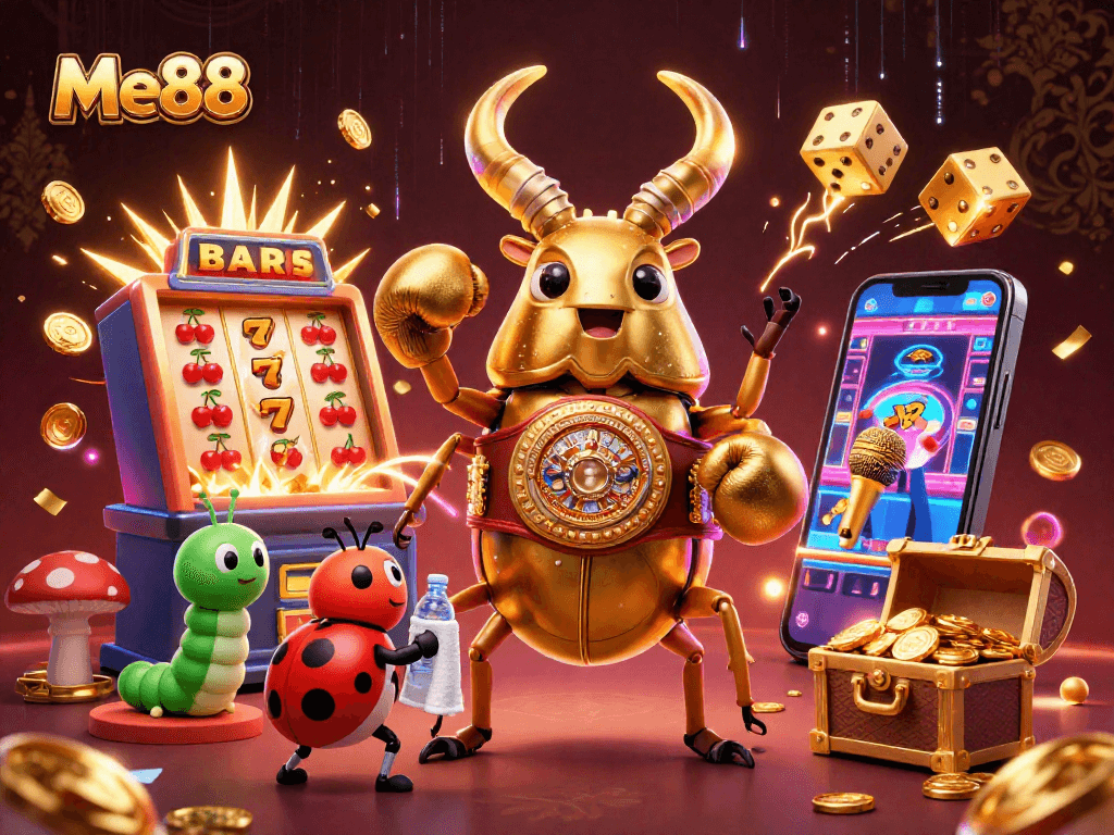 Experience vibrant Me88 gaming with a boxing beetle, ladybug corner-man, and caterpillar announcer in an action-packed casino scene.