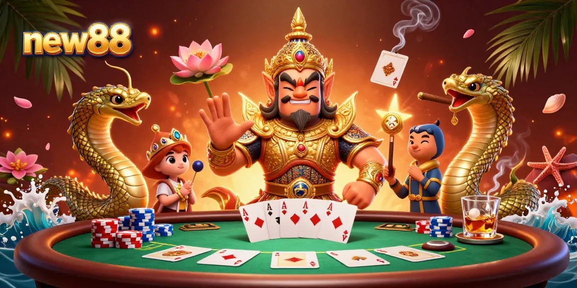 Experience thrilling poker action with new88 featuring stunning 3D guardians and vibrant game elements.