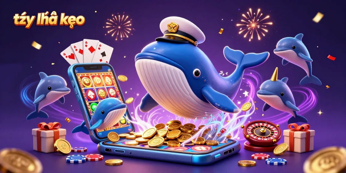Engage with tỷ lệ kèo updates in a vibrant 3D illustration featuring a whale, narwhal, and playful dolphins among casino elements.