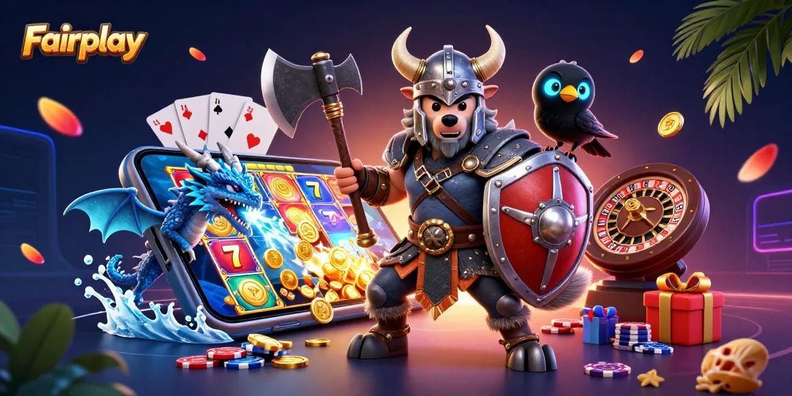 Experience Fairplay excitement with a Viking warrior, dragon, and gaming elements in this vibrant casino scene.