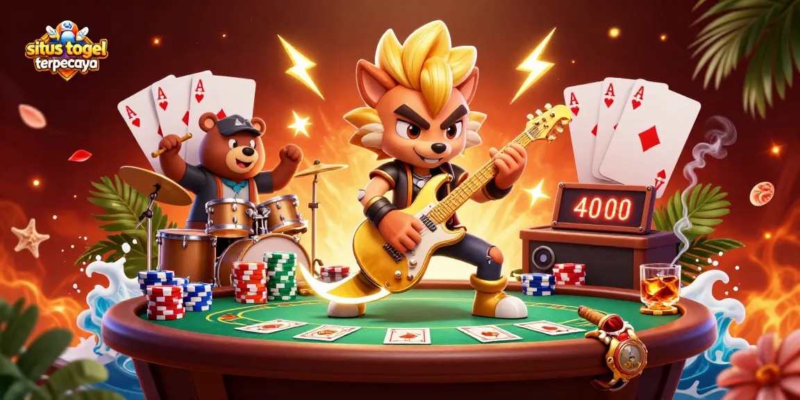 Win big at situs togel terpercaya with vibrant casino fun illustrated by a rock star wolf and drummer bear.