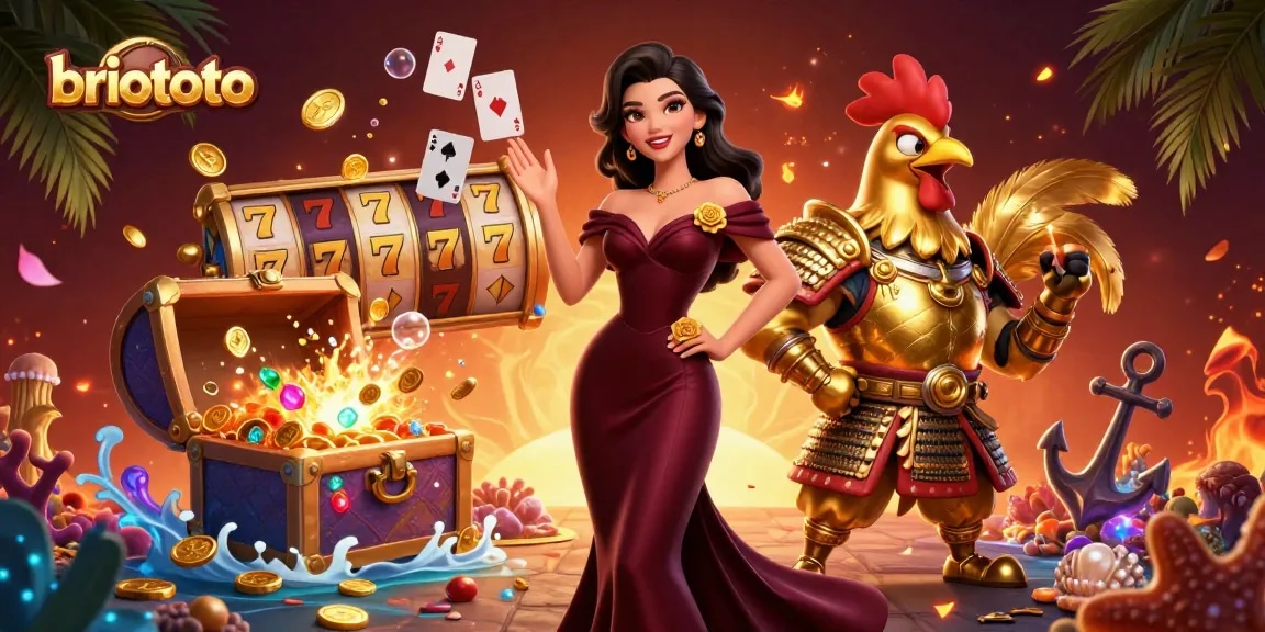 Briototo showcases thrilling slot reels and a golden samurai rooster warrior amidst an engaging casino scene.
