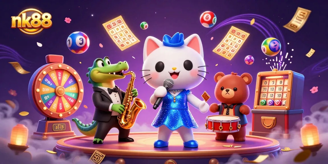 Join the excitement with nk88 as vibrant lottery elements surround a jazz-singer cat and friends.