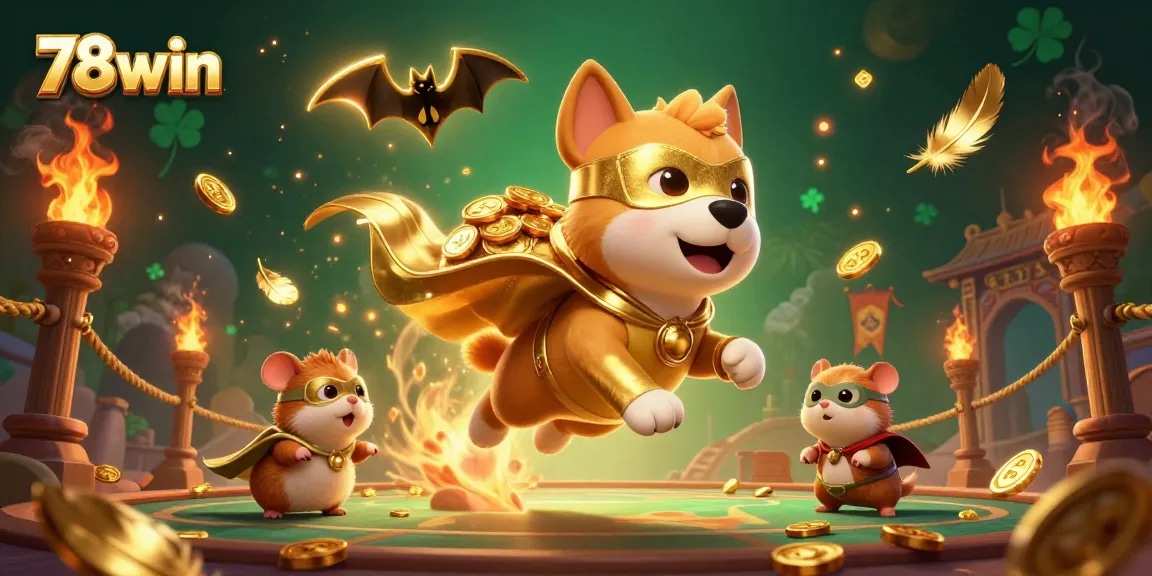 Engage with thrilling games at 78win, as a cartoon superhero dog flies with gold coins, symbolizing fortune.
