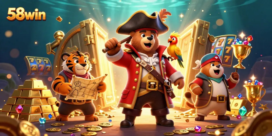 Experience the thrill of 58win with dynamic slot machines and treasure elements unfolding in a vibrant casino scene.