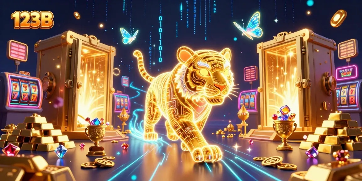 Play exciting casino games at 123B with a 3D cartoon scene of a golden tiger and treasures.