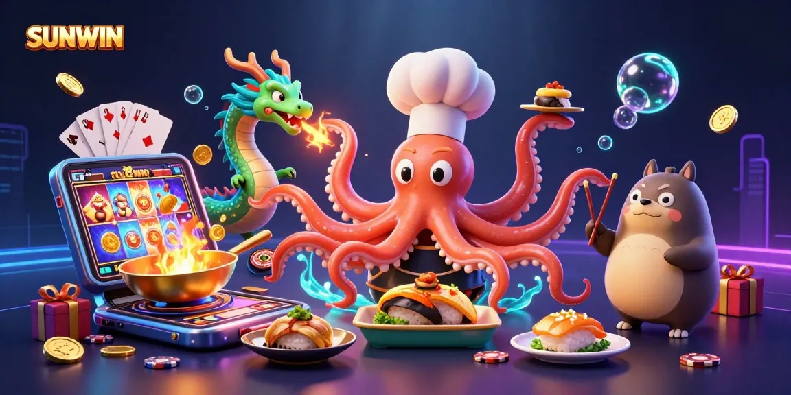 SUNWIN gaming scene with a sushi chef octopus and dragon amid golden dishes and colorful slot game elements.