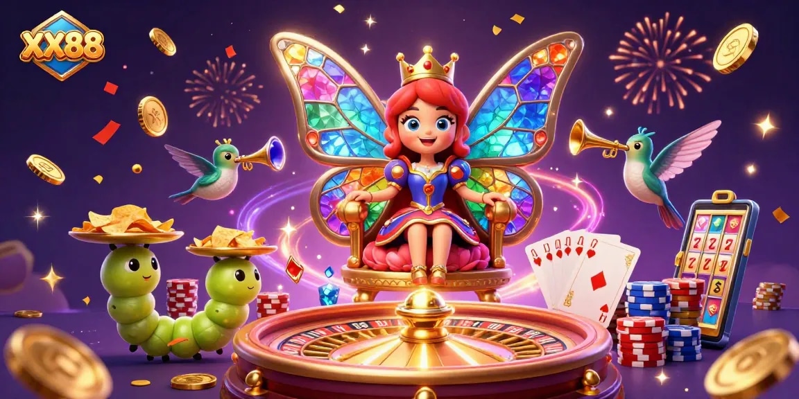 Spin the reels with XX88 as a butterfly queen reigns over an opulent casino kingdom.