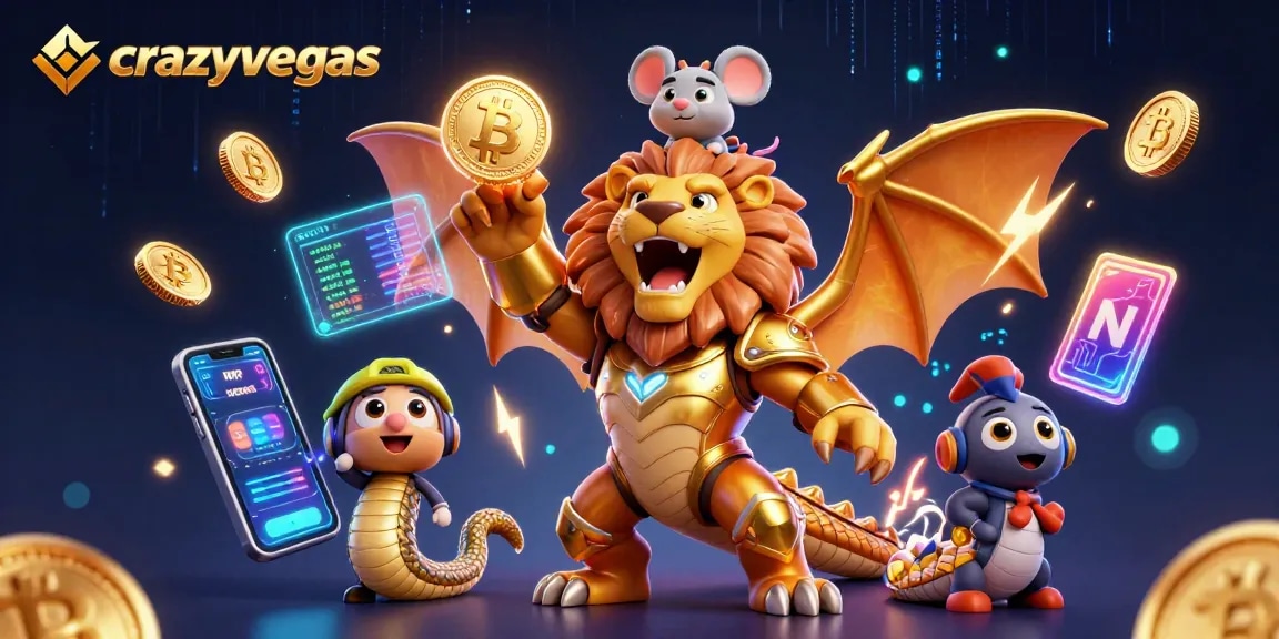 Experience the thrill of crazyvegas as a triumphant chimera roars amidst floating cryptocurrency coins.