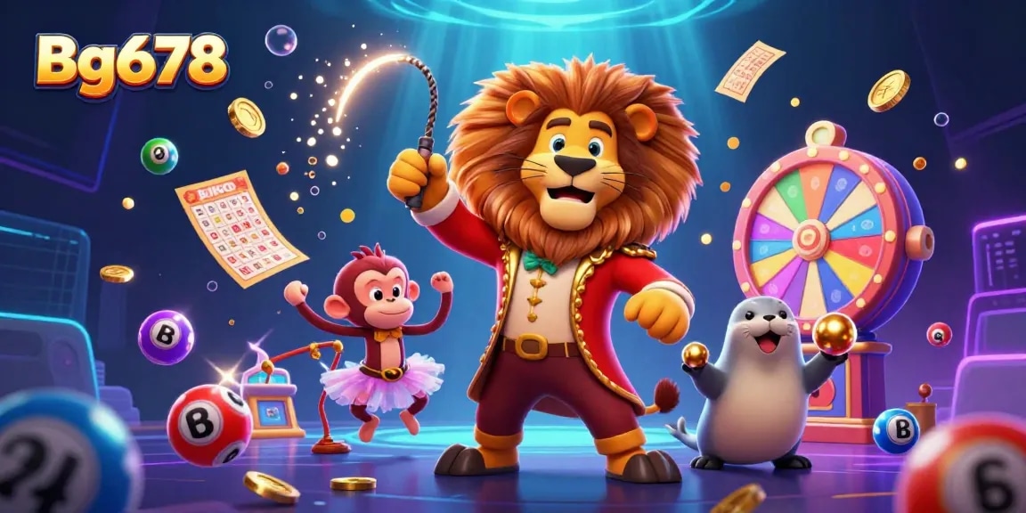 Play exciting games with Bg678 in this vibrant 3D illustration featuring lottery elements and joyful characters.