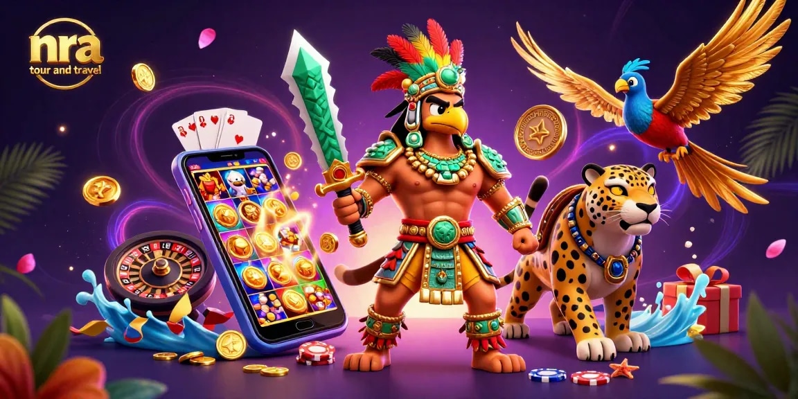 Spin to win with nra tour and travel's vibrant casino excitement featuring Aztec warriors and slot games.
