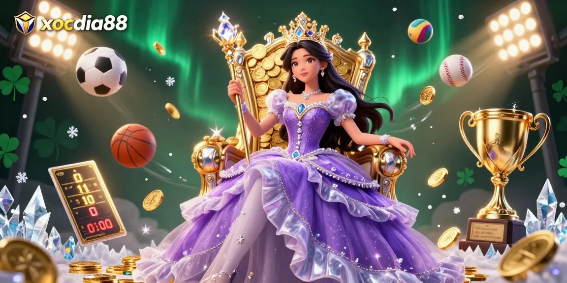 xocdia88 offers an enchanting scene with a princess and dynamic sports elements celebrating online betting.