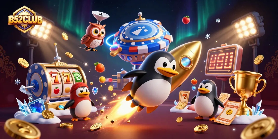 Win big at B52CLUB with a golden penguin blasting through space, showcasing vibrant game elements.