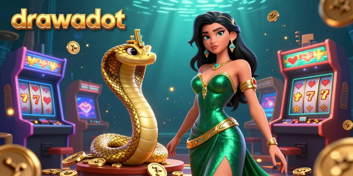 Visualize the excitement with drawadot's 3D gaming scene of slots and golden cobra elements.