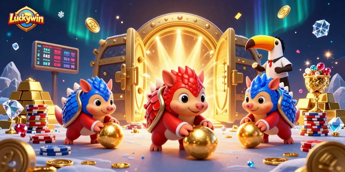 Experience thrilling competition with Luckywin as rival pangolins roll golden balls in a lively casino scene.