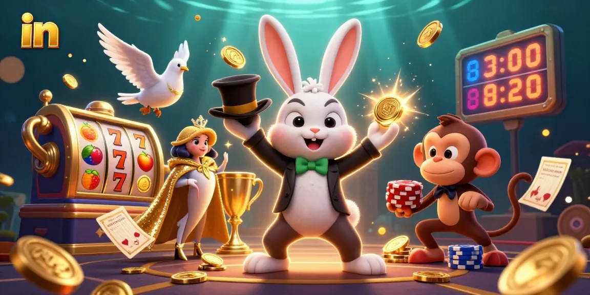 Win big in online casino games featuring a magician rabbit, dove, and monkey surrounded by slot reels.