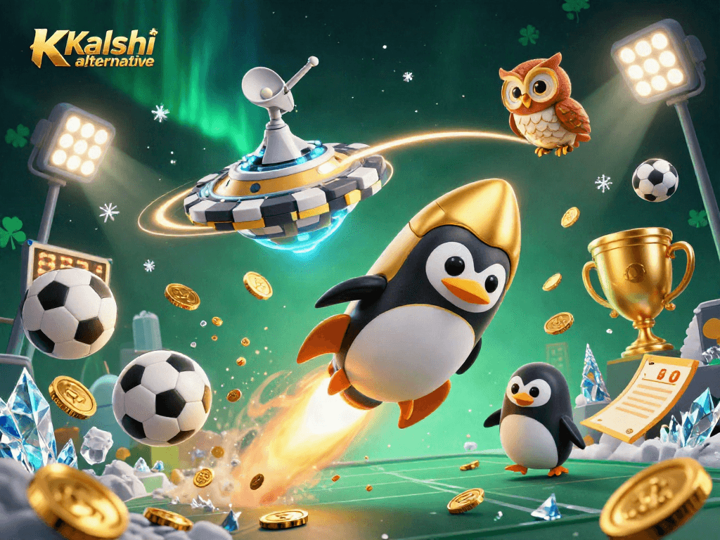 Experience thrilling gameplay with the Kalshi alternative, featuring a golden penguin and dynamic sports elements.