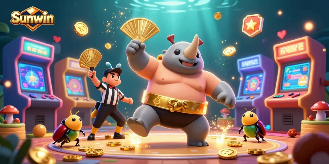 Sunwin engages players with a dynamic 3D scene featuring animated casino characters and colorful game elements.
